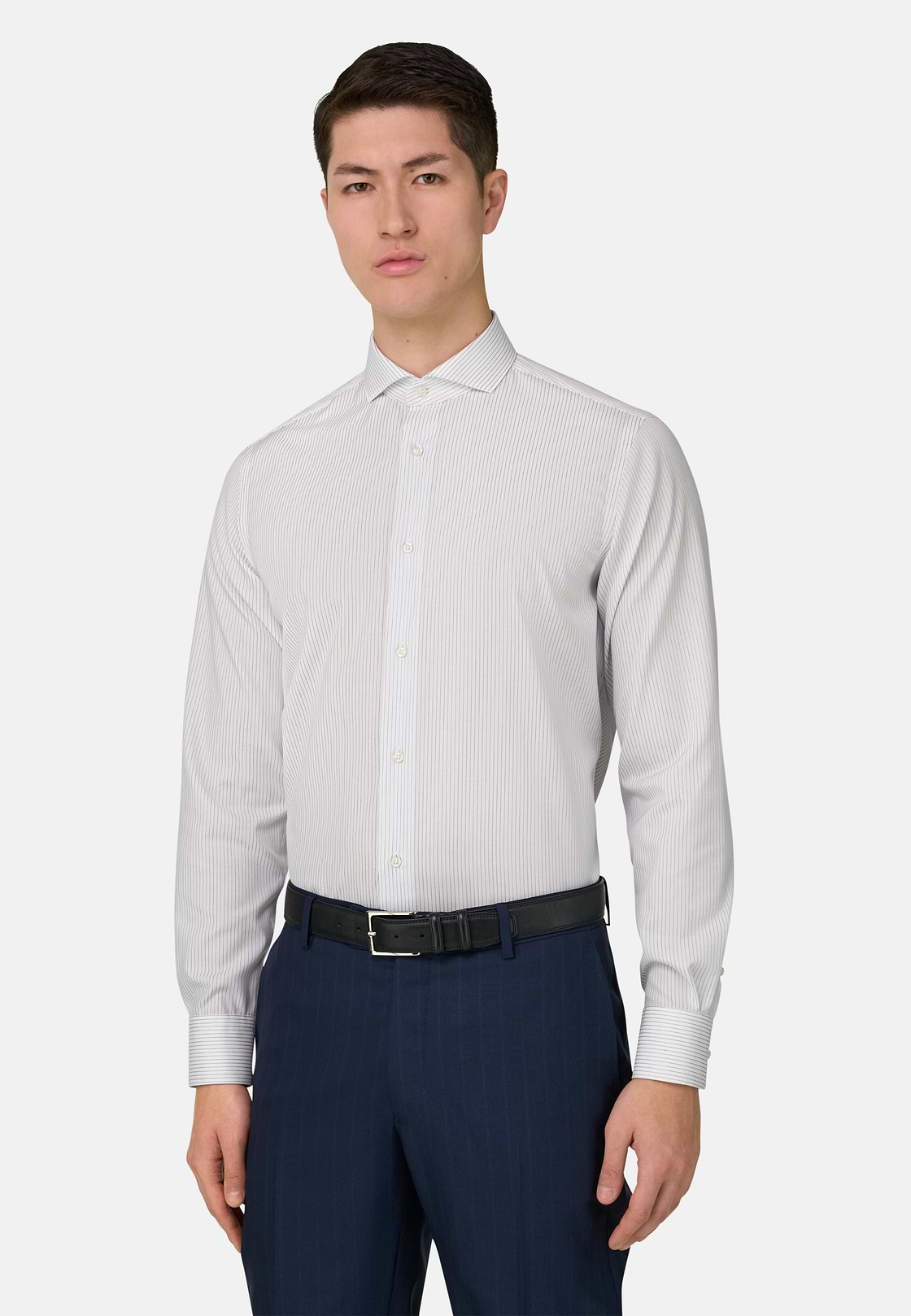 Camicia A Righe In Cotone Slim Fit, Blu, hi-res, 1