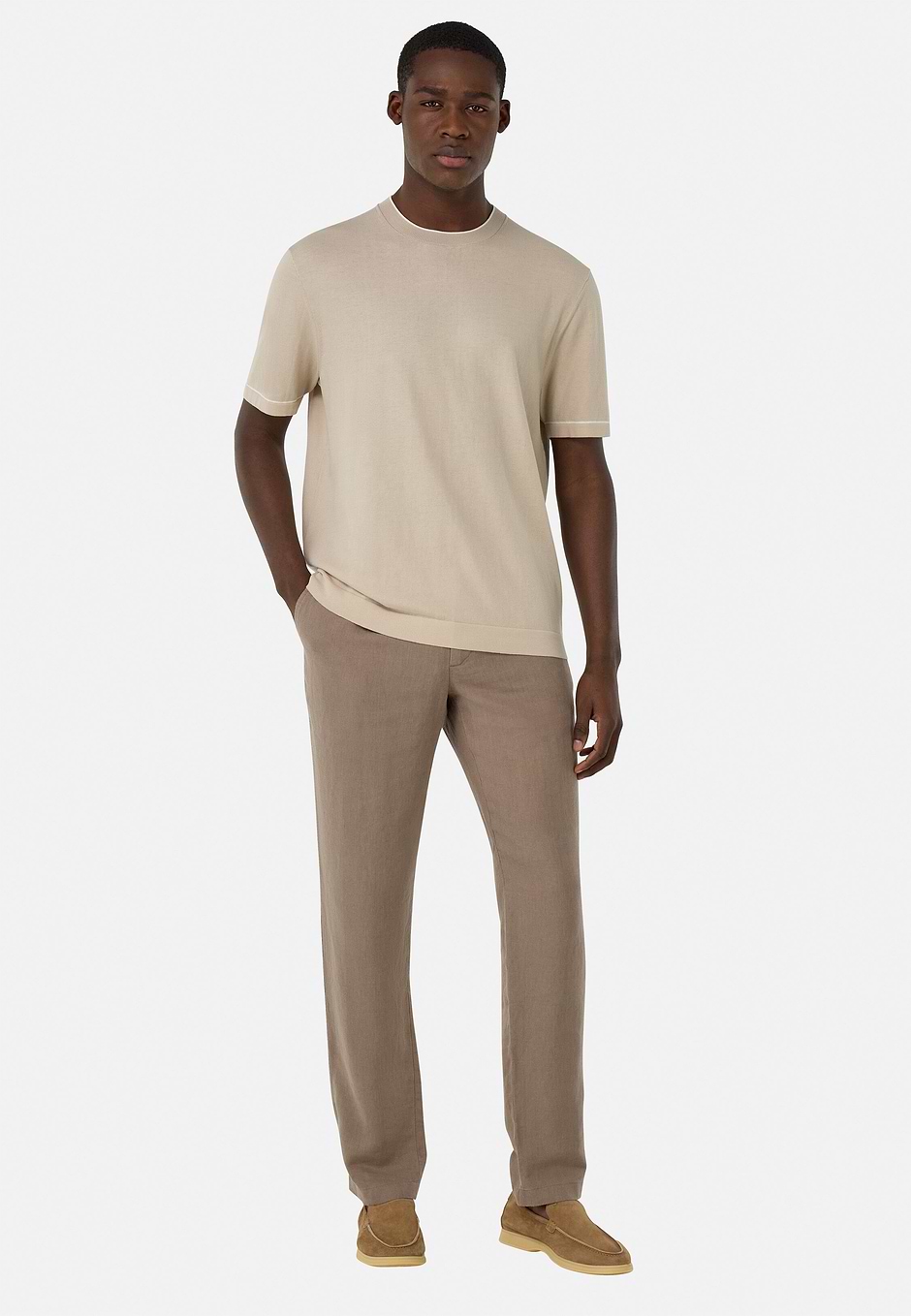 Cotton Crêpe Knit T-Shirt, Sand, hi-res