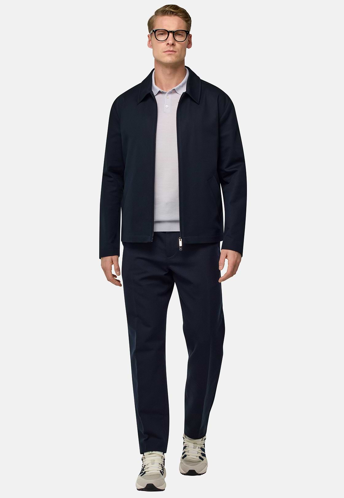 Bomber Col Chemise En Coton Extensible, bleu marine, hi-res
