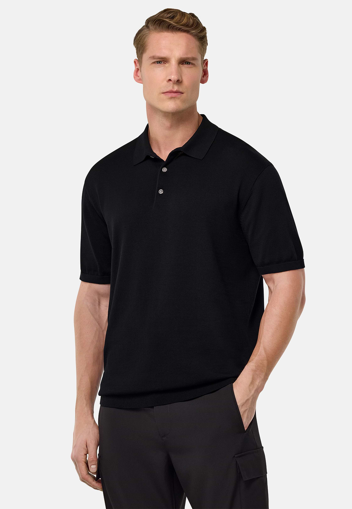 Cotton and Silk Knitted Polo Shirt, Black, hi-res