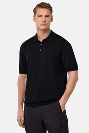 Cotton and Silk Knitted Polo Shirt, Black, hi-res