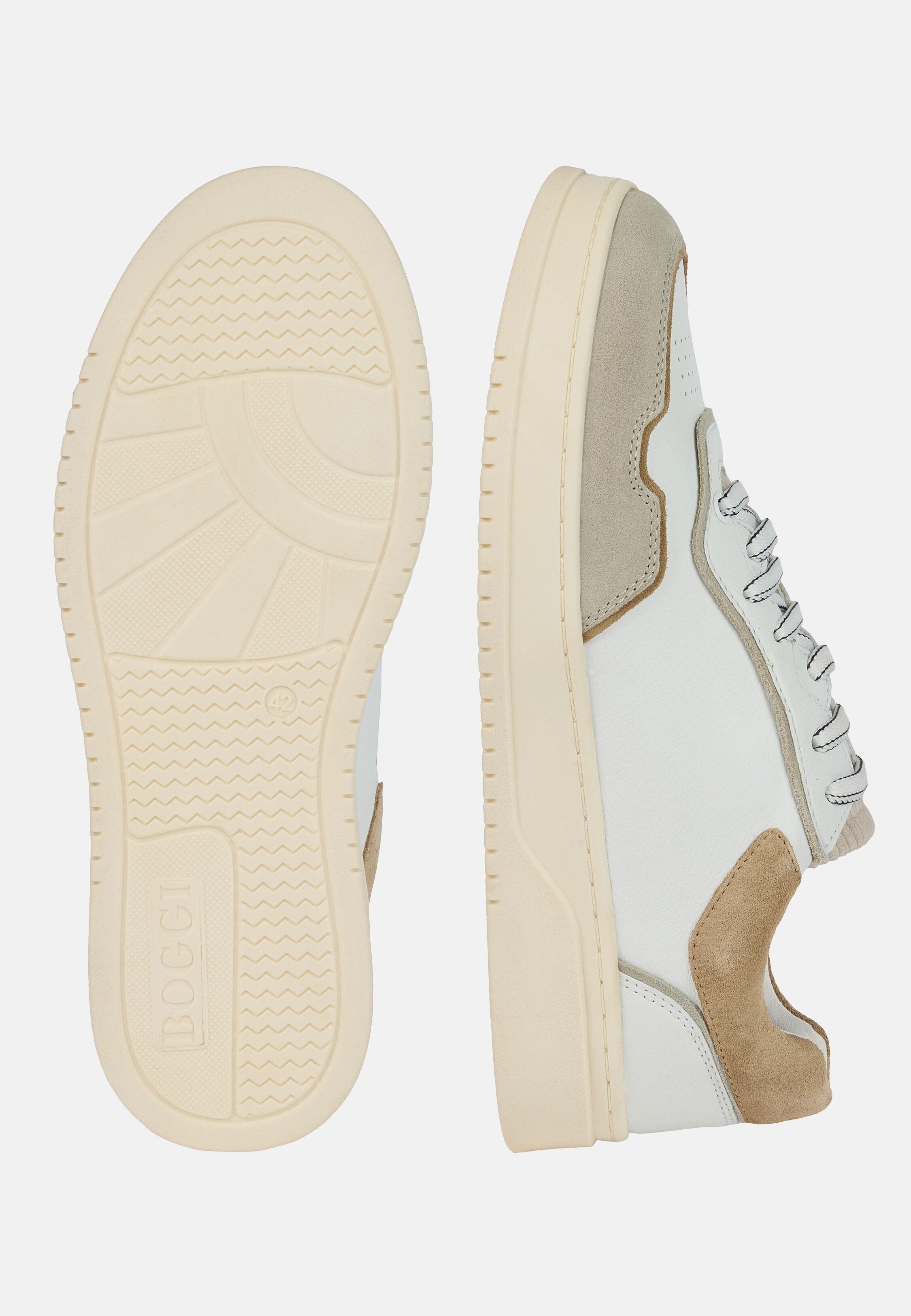 Sneakers Mix Cuir Et Velours, Blanc, hi-res