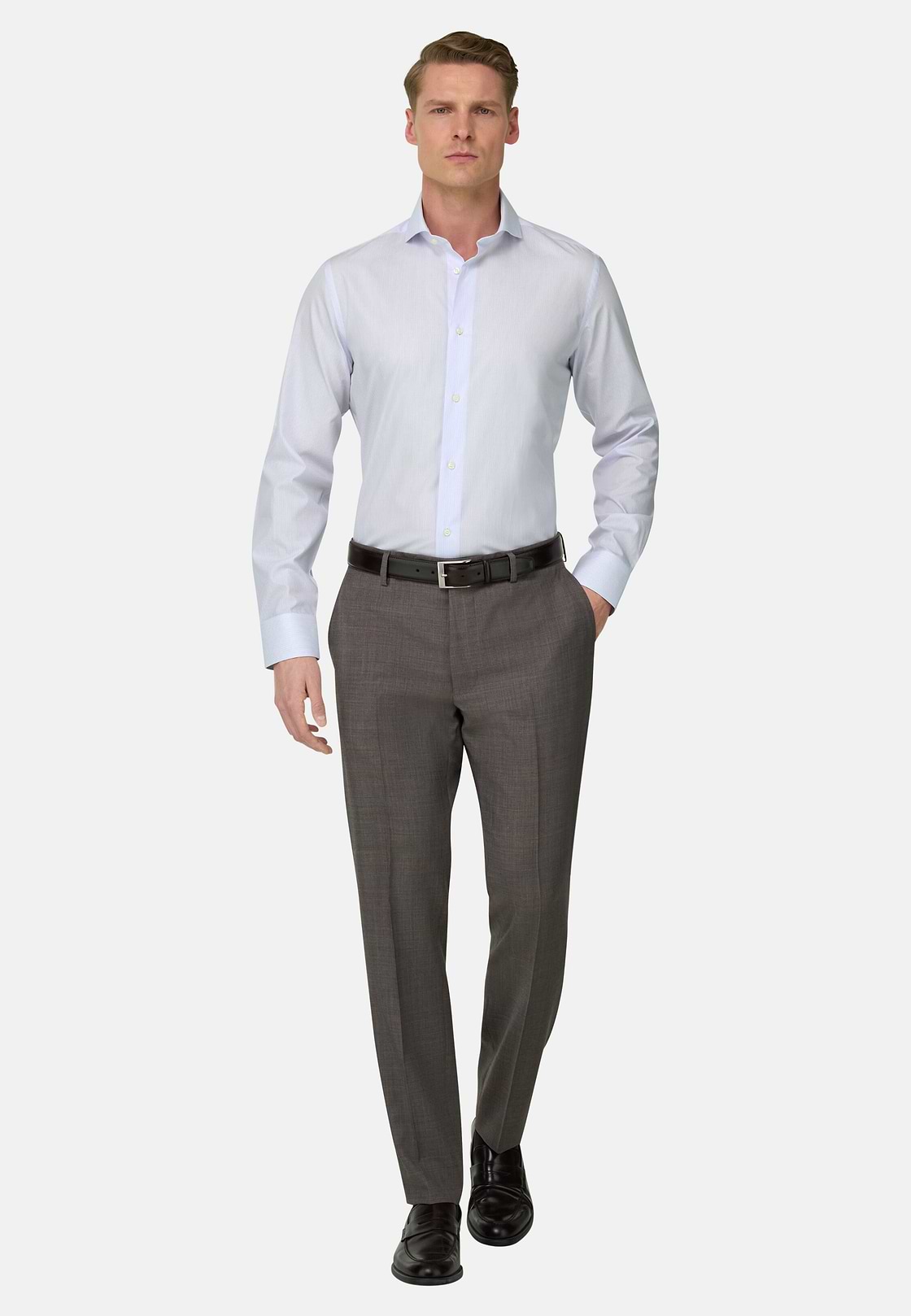 Camicia A Righe In Cotone Slim Fit, Azzurro, hi-res, 2