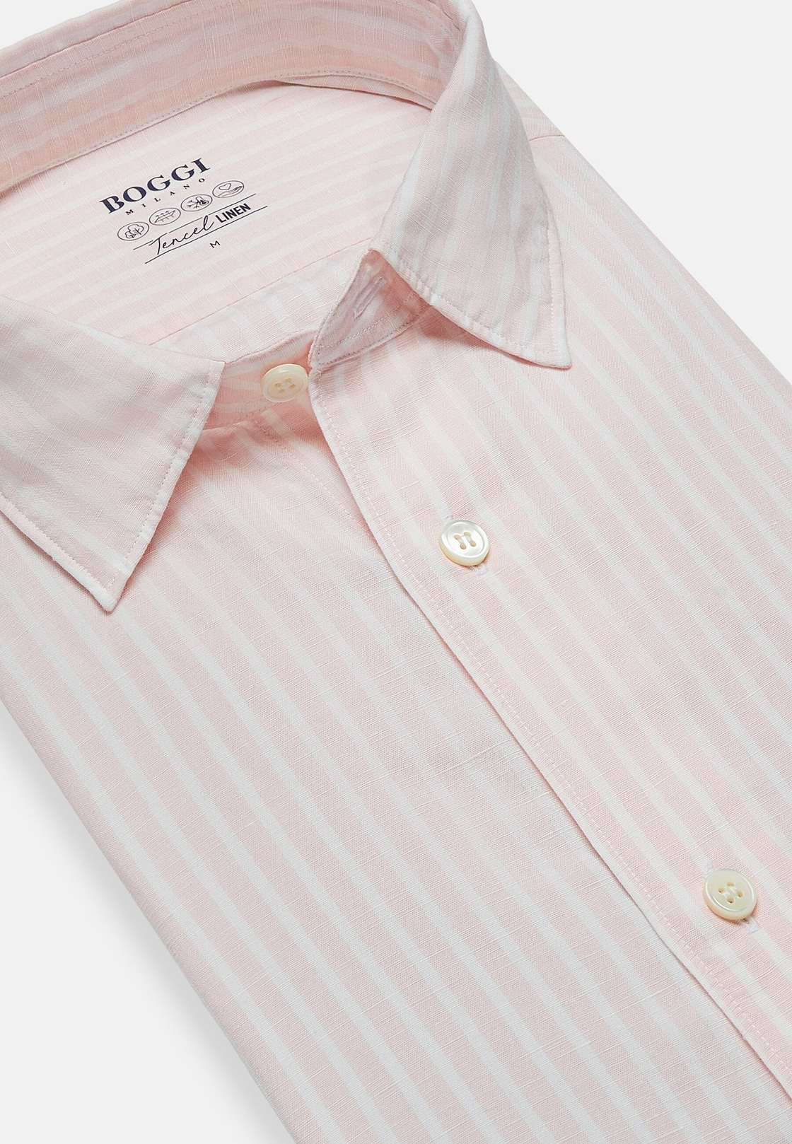 Camisa De Rayas Rosa De Tencel Lino Corte Regular, Rosado, hi-res