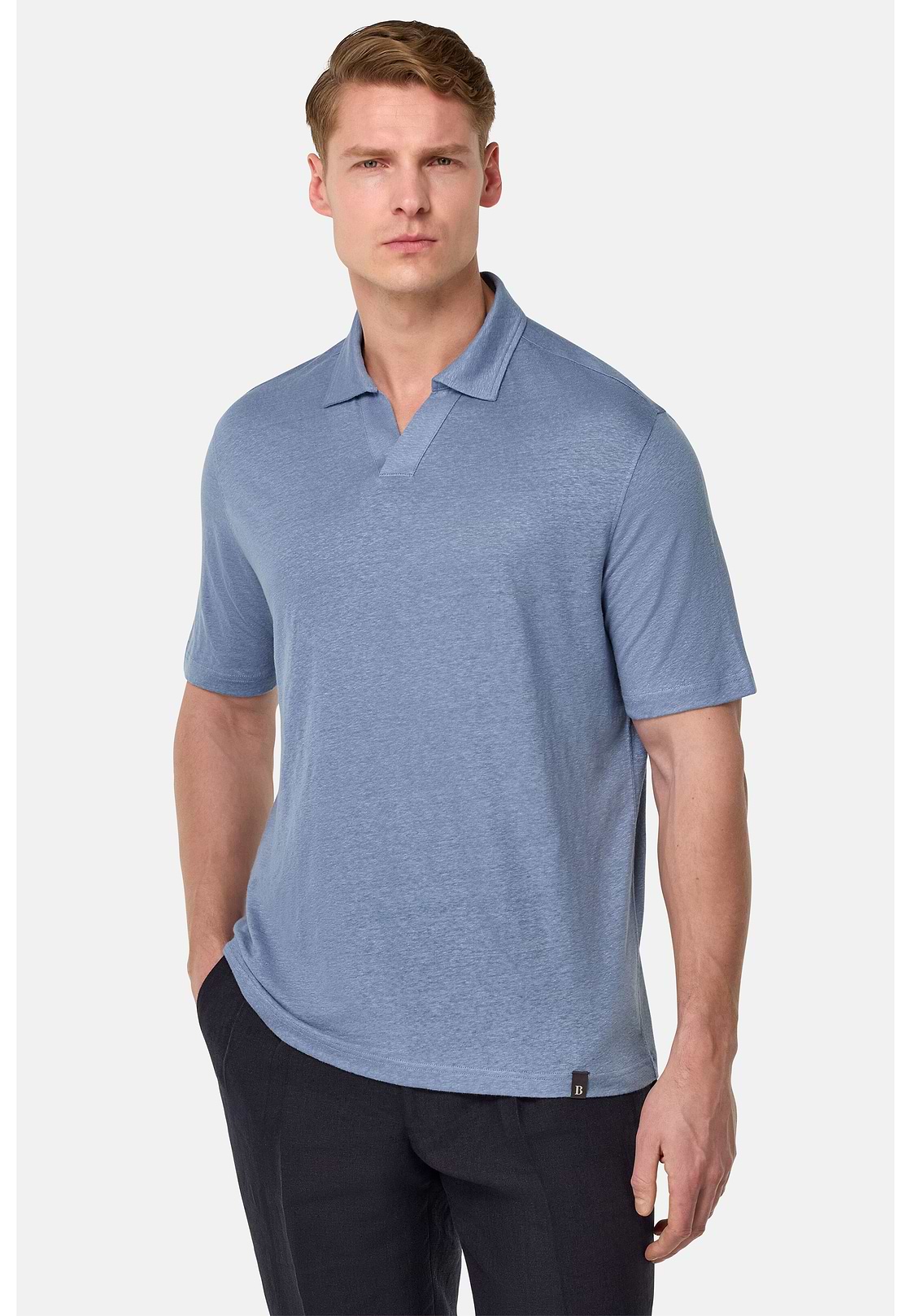 Stretch Linen Jersey Polo Shirt, Indigo, hi-res