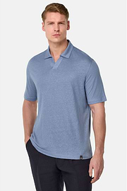 Stretch Linen Jersey Polo Shirt, Indigo, hi-res