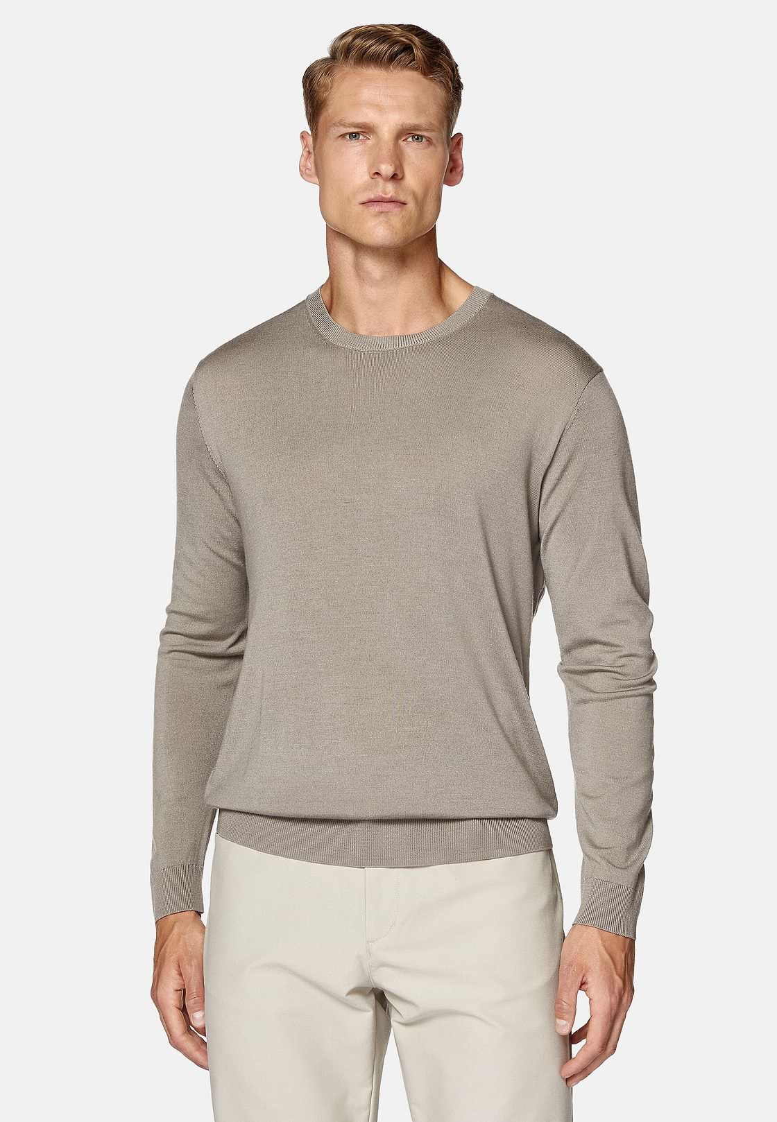 Jersey De Cuello Redondo Gris Topo De Lana Merina Ultrafina, Taupe, hi-res