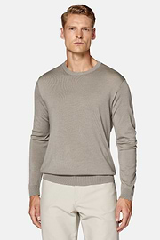 Pull Taupe À Col Rond en Laine Mérinos Ultrafine, Taupe, hi-res