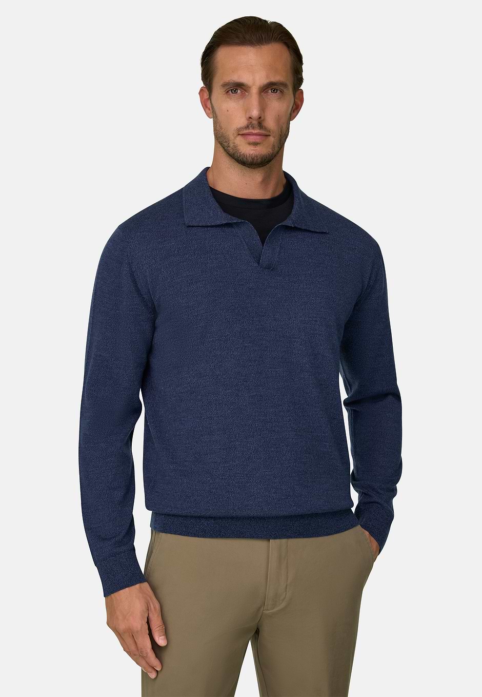 Polo en Maille en Laine Mérinos Cashwool® Mouliné, Indigo, hi-res