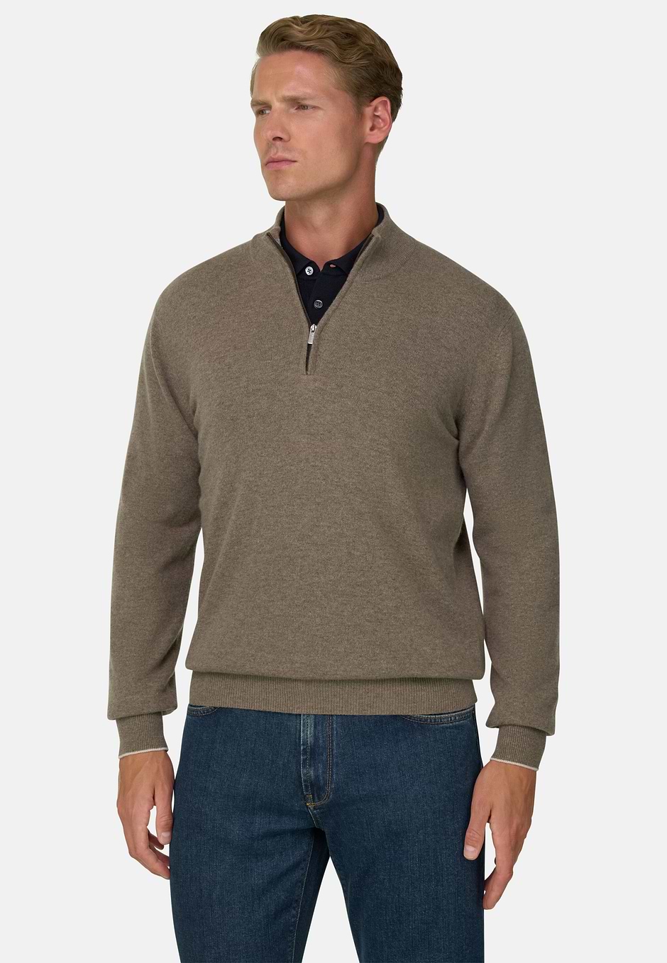 Pull Demi-Zip en Mixte Cachemire, Taupe, hi-res