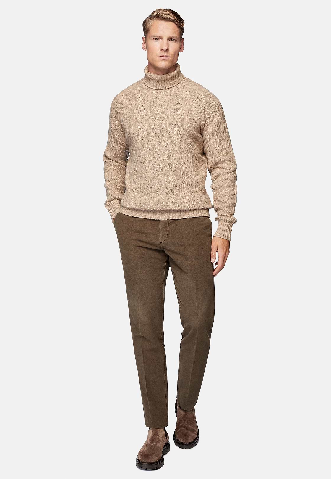 Sand Mixed Knit Polo Neck Jumper In Merino Wool, Sand, hi-res