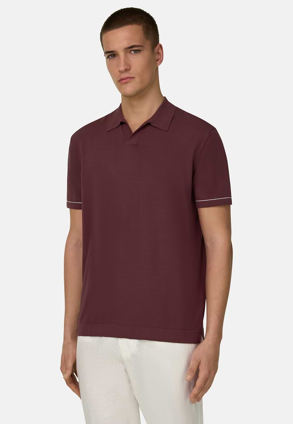 Cotton Crêpe Knit Polo Shirt, Burgundy, hi-res