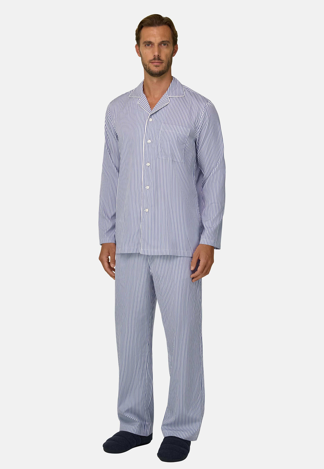 Pajama Pinstripe Cotton Poplin, Navy blue, hi-res, 2