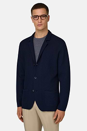 Jednorzędowa dzianinowa marynarka z merceryzowanej bawełny, Navy blue, thumb, 1