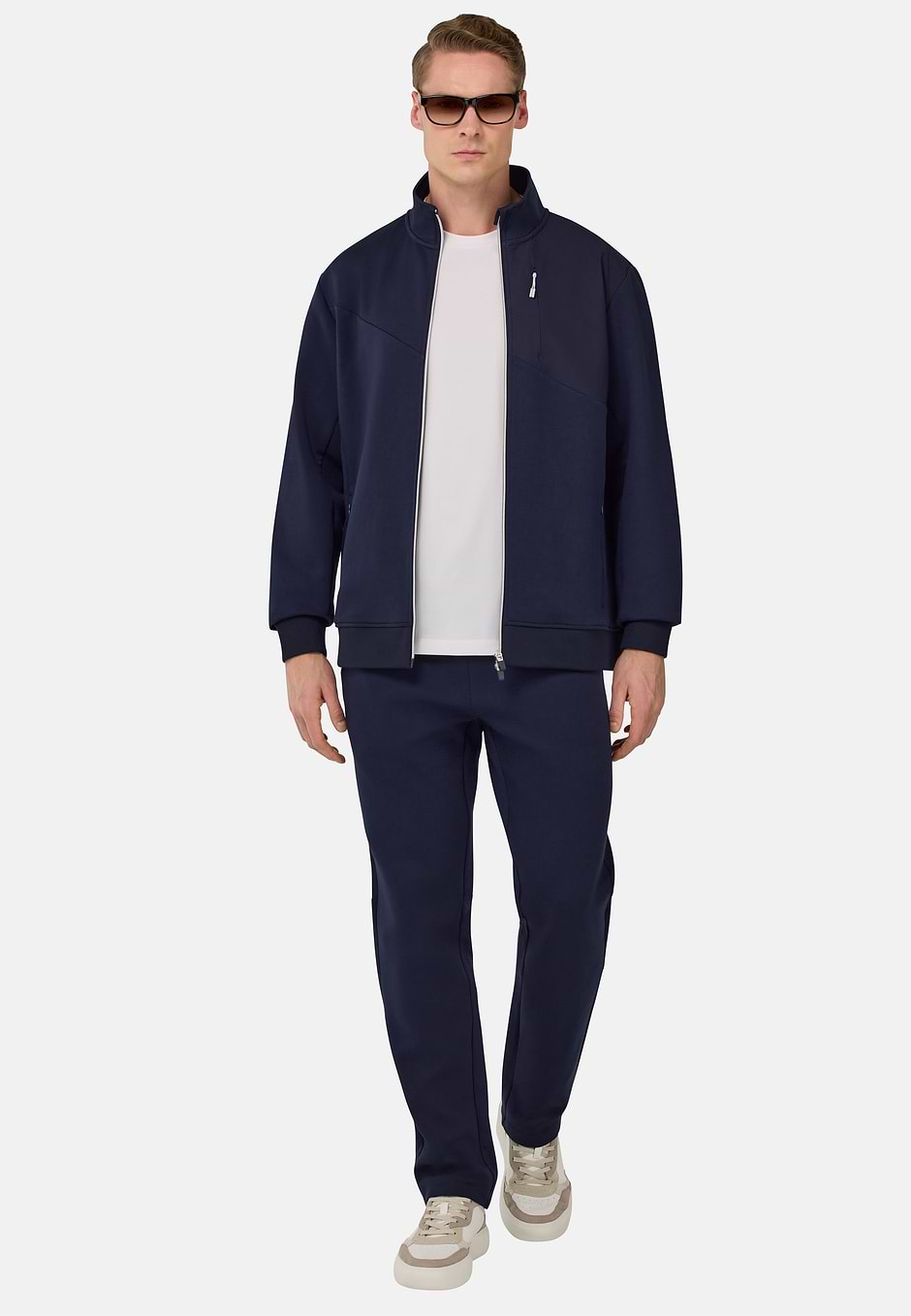 Full-Zip Hoodie In Lightweight Cotton Blend Scuba, Navy blue, hi-res