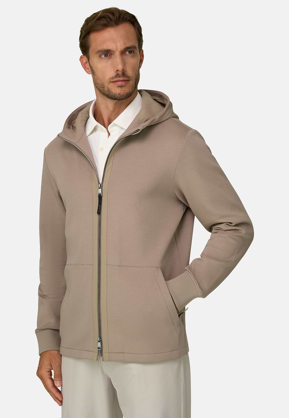 Felpa Full Zip Cappuccio in Misto Cotone Scuba B Tech, Beige, hi-res