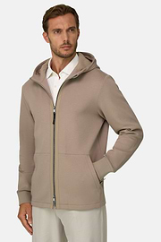Felpa Full Zip Cappuccio in Misto Cotone Scuba B Tech, Beige, thumb, 1