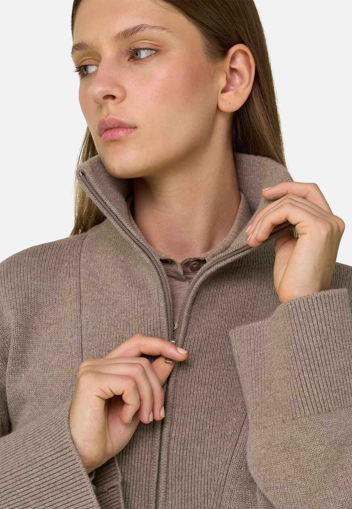 Quarter-Zip Jumper in Wool and Cashmere, Beige, hi-res, 3
