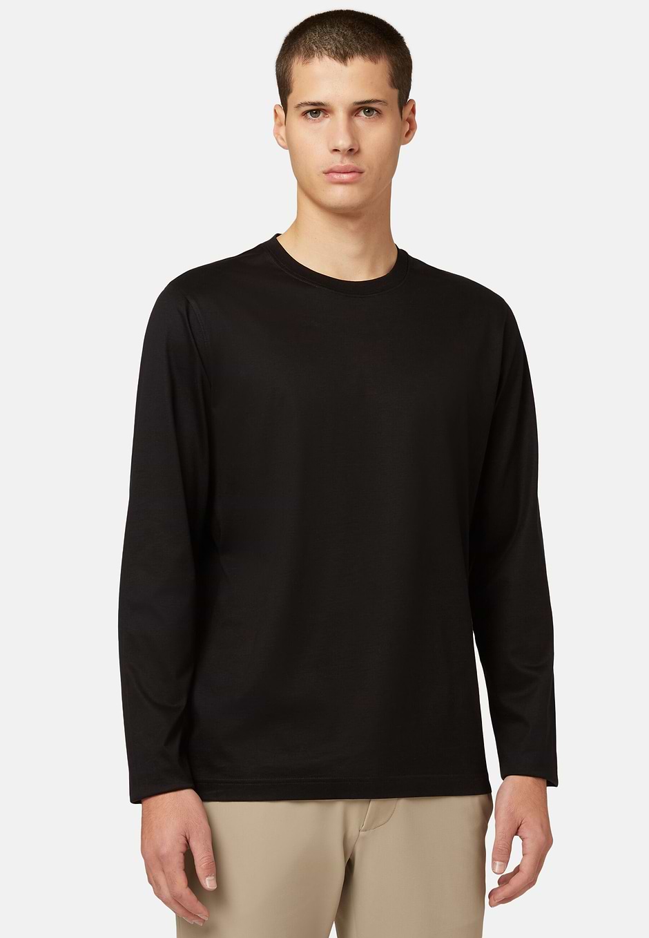 Camiseta De Punto De Algodón Pima Manga Larga, Negro, hi-res