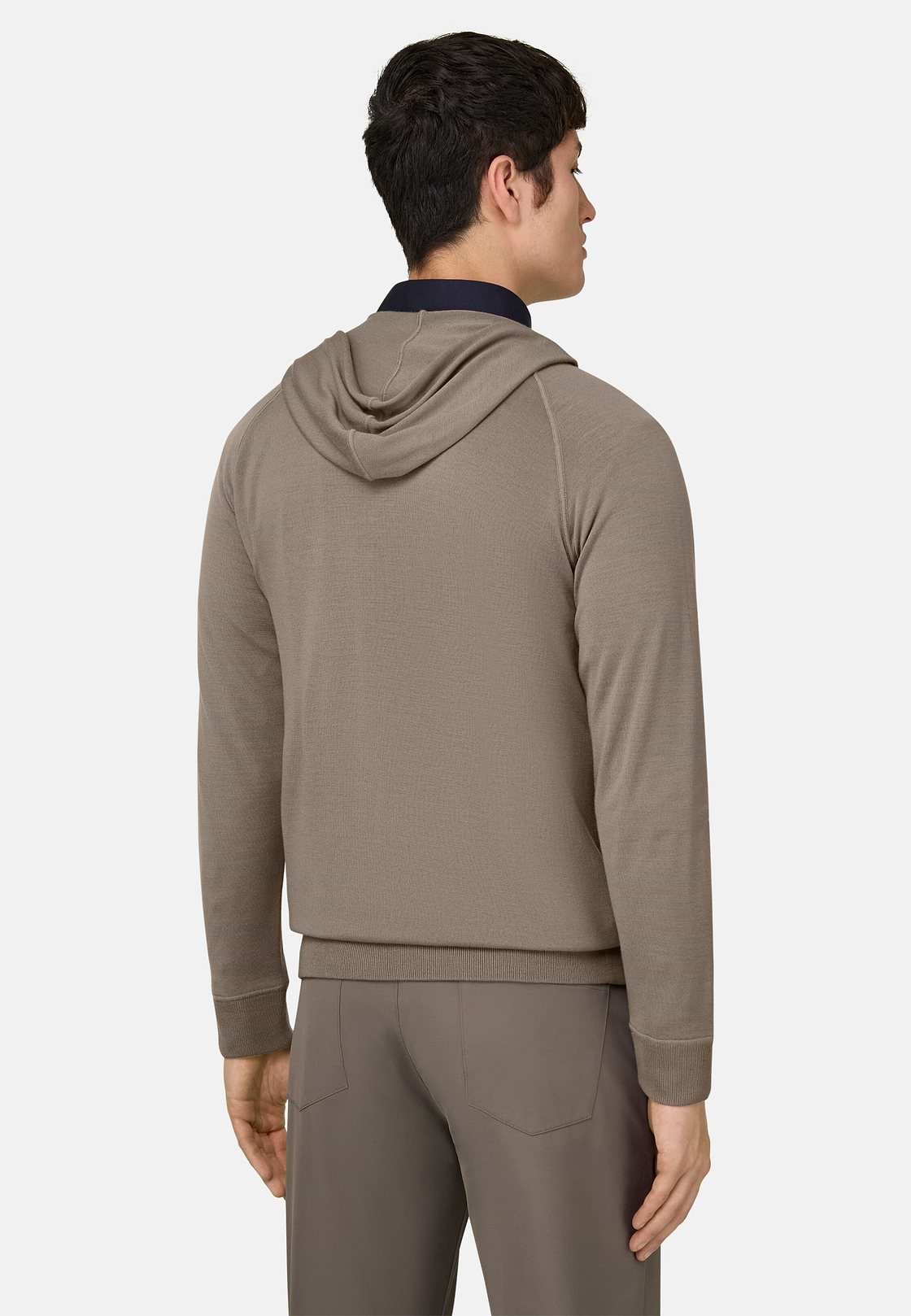 Full-Zip Knitted Hoodie in Superfine Wool, Taupe, hi-res, 3