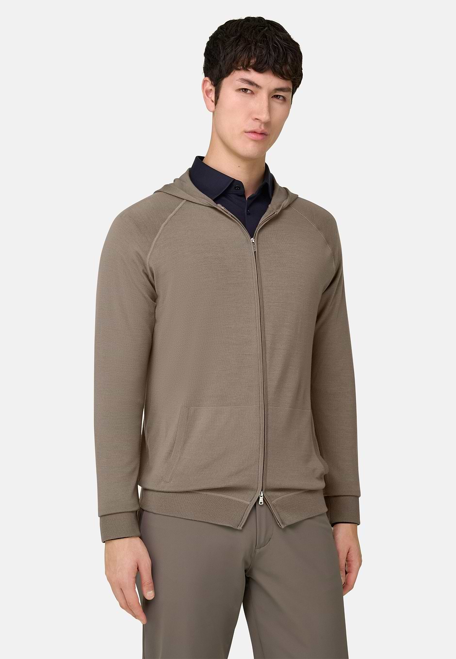 Hoodie Mit Durchgehendem Reißverschluss Aus Superfine-Wolle, Taupe, hi-res