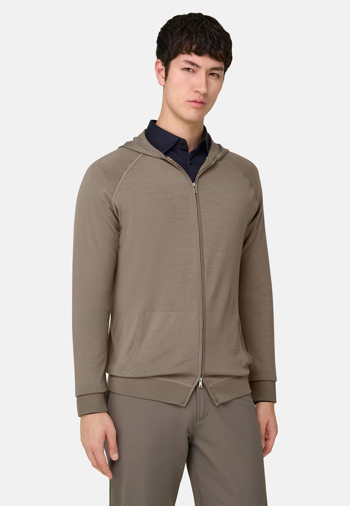 Full-Zip Knitted Hoodie in Superfine Wool, Taupe, hi-res, 1