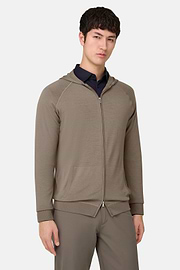 Full-Zip Knitted Hoodie in Superfine Wool, Taupe, thumb, 1