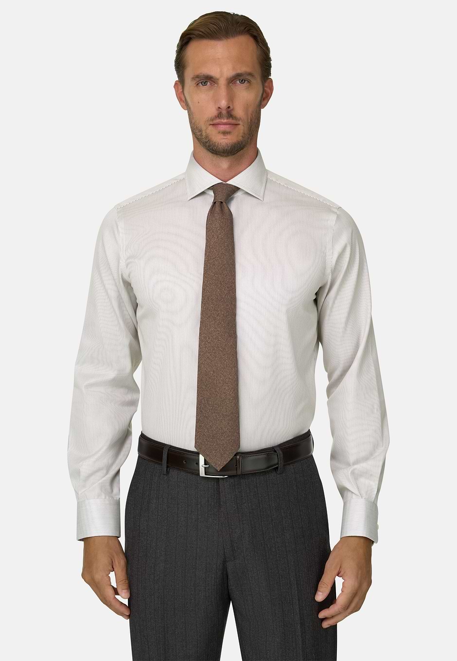 Camisa a Rayas de Algodón Non-Iron Regular Fit, marrón, hi-res
