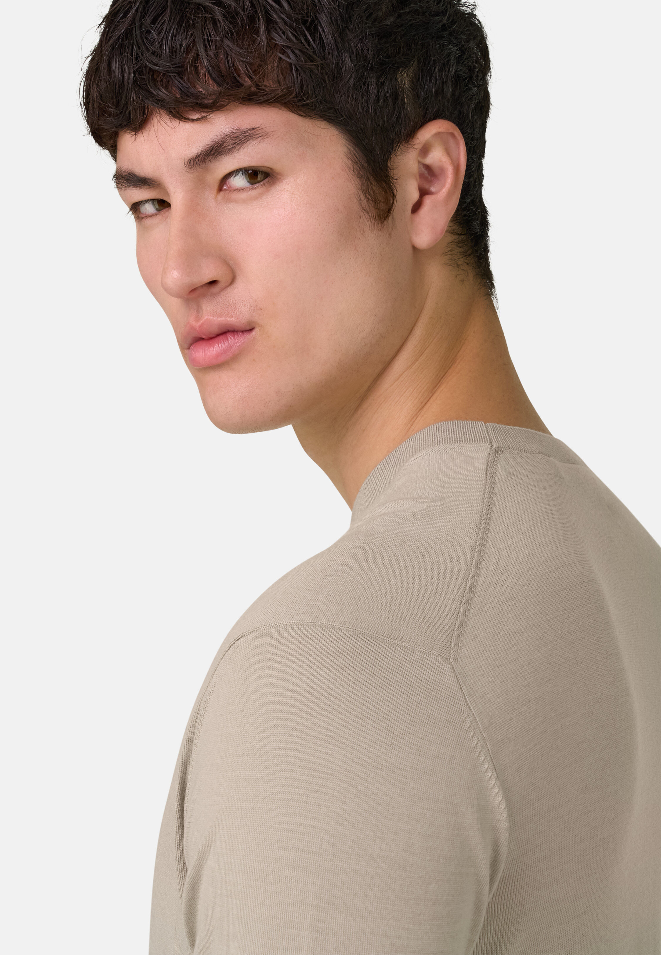 Men's Crew Neck Jumper in Superfine Wool, Sand | Boggi Milano