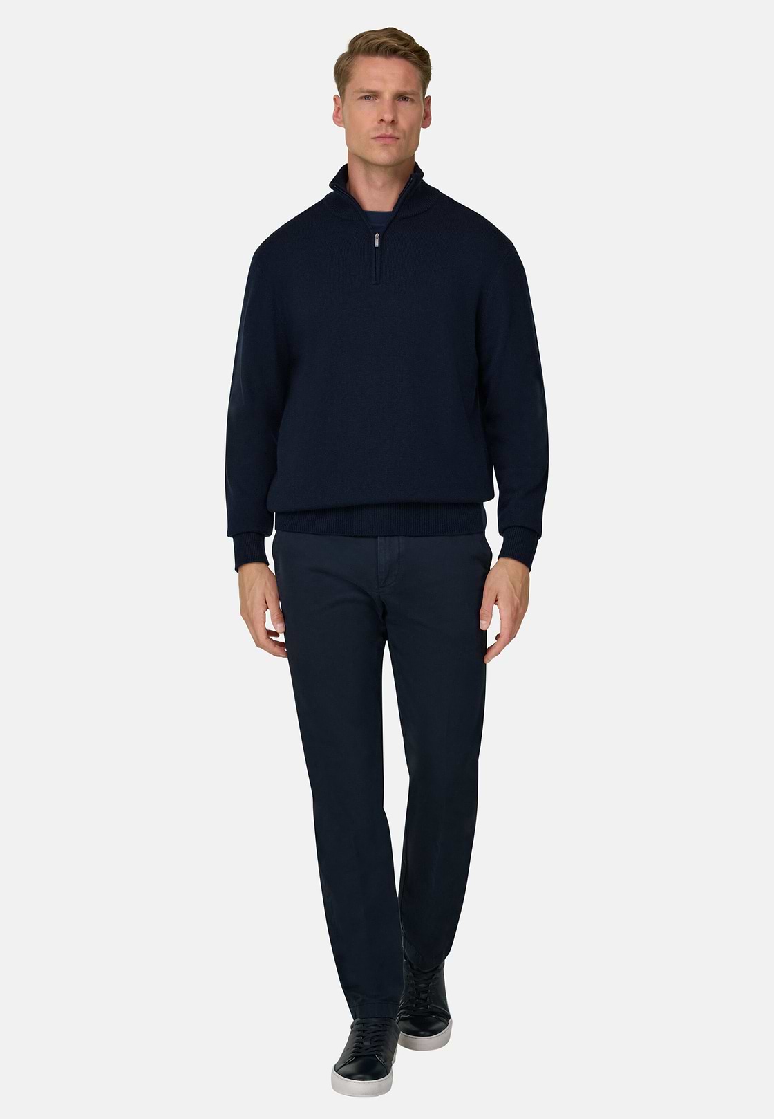 Trousers in Stretch Cotton Tencel, Navy blue, hi-res, 2
