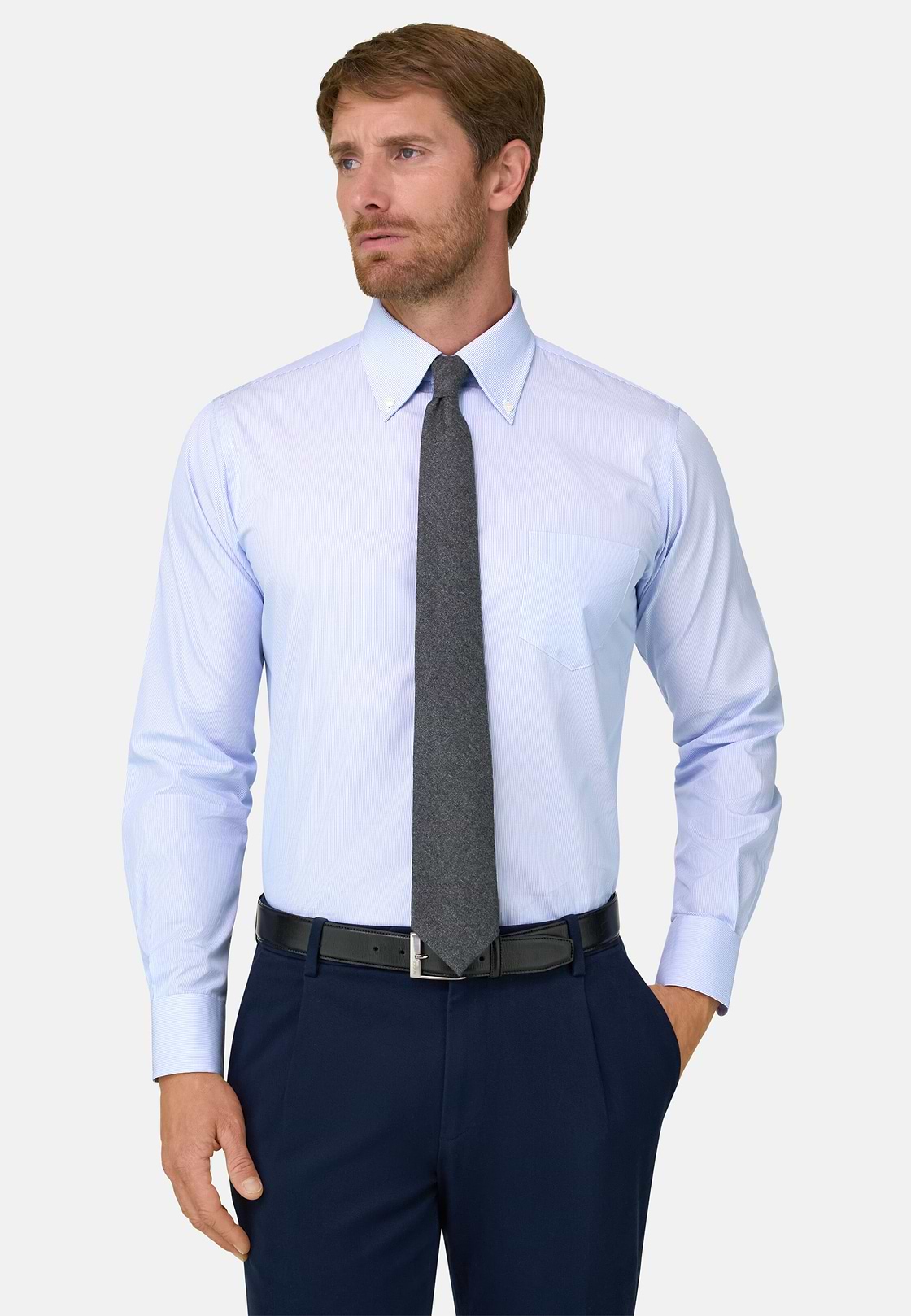 Shirt in Striped Cotton Poplin Regular Fit, Light Blue, hi-res, 1