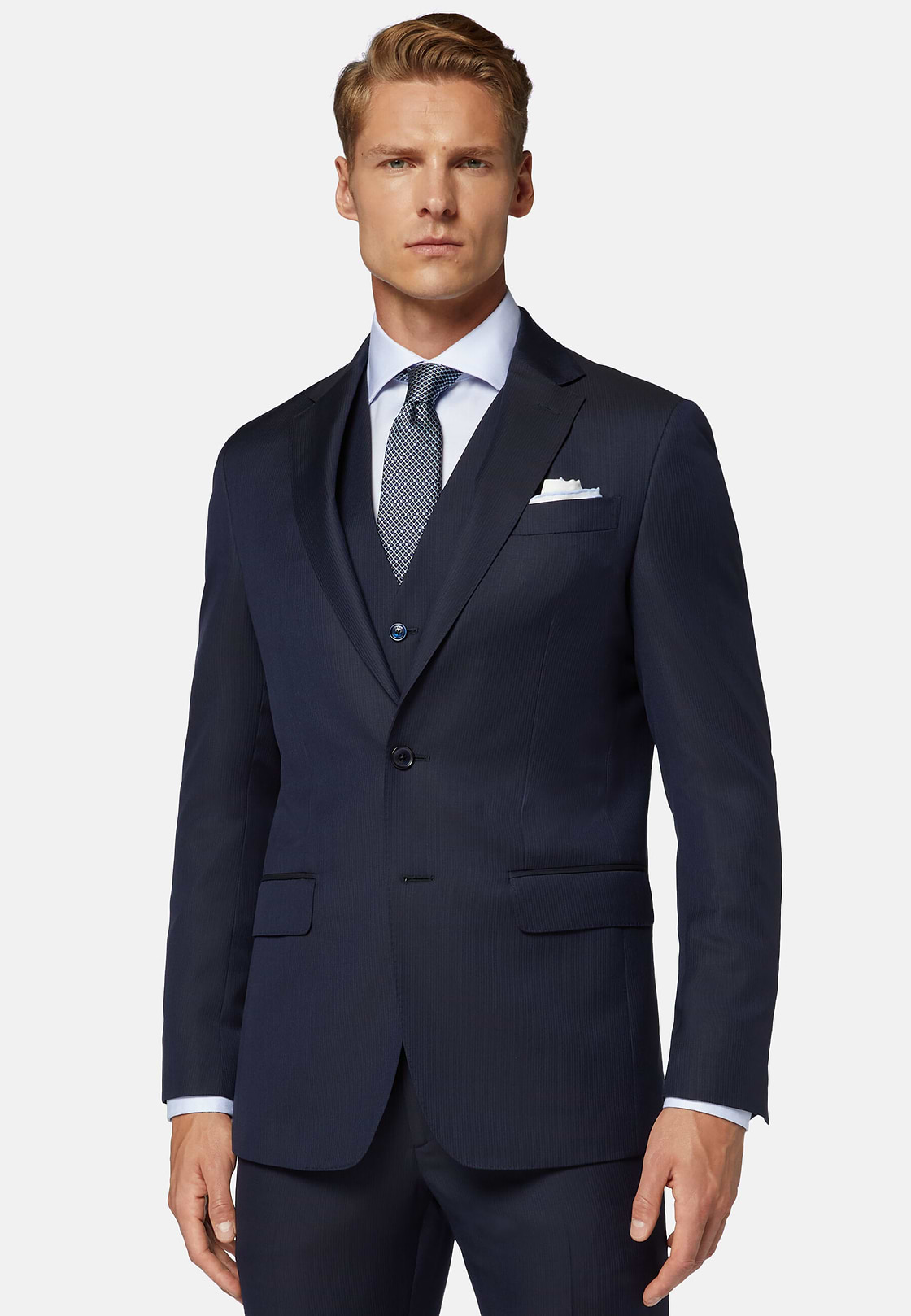 Navy Blue Pinstripe Wool Suit, Navy blue, hi-res