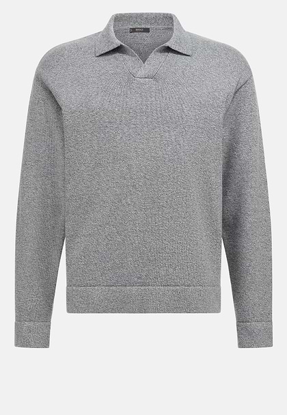 Cotton and Silk Knitted Polo Shirt, Grey, hi-res