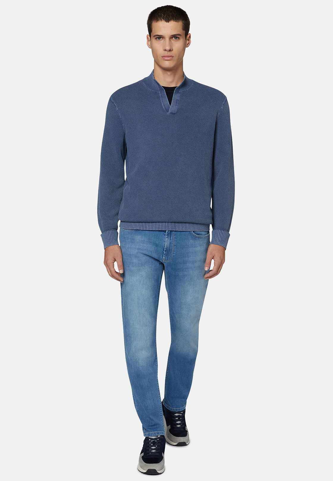 Pullover mit Offenem Kragen Indigo, Indigo, hi-res