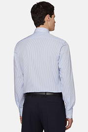 Camicia A Righe Azzurre In Cotone Dobby Slim Fit, Azzurro, hi-res