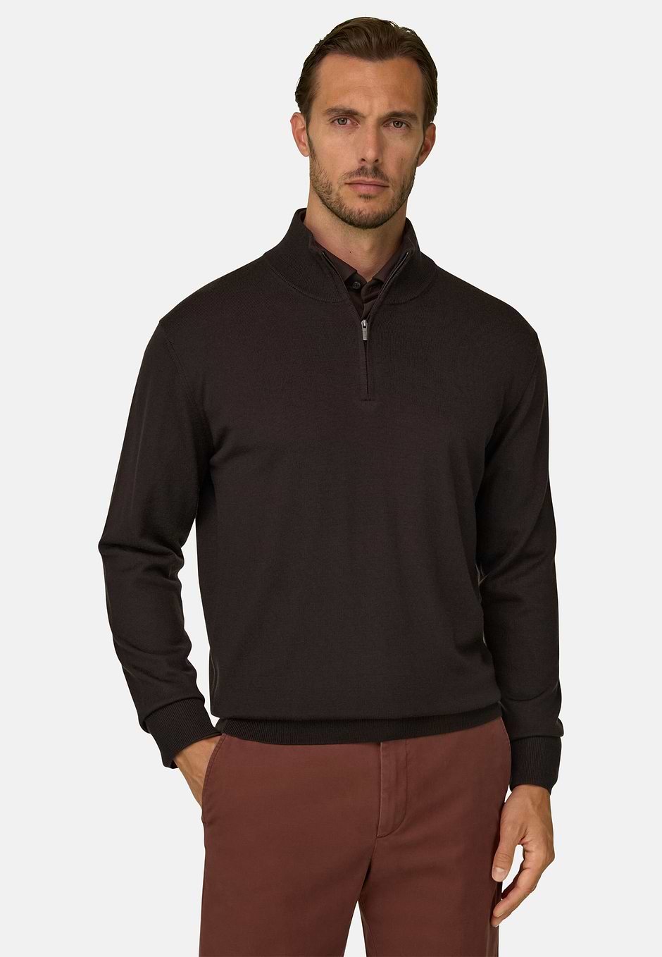 Half-Zip-Pullover aus extrafeiner Merinowolle, Dunkelbraun, hi-res