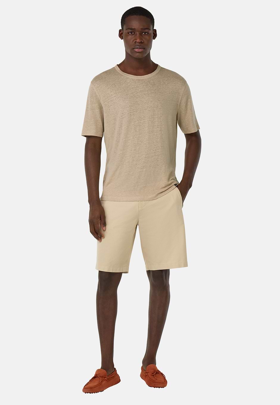 T-Shirt in Stretch Linen Jersey, Sand, hi-res