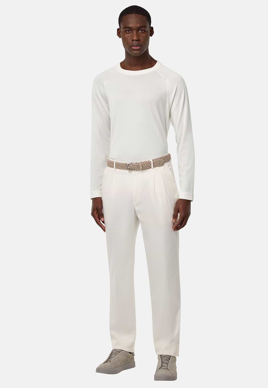 Cotton and Silk Crew Neck Jumper, White, hi-res