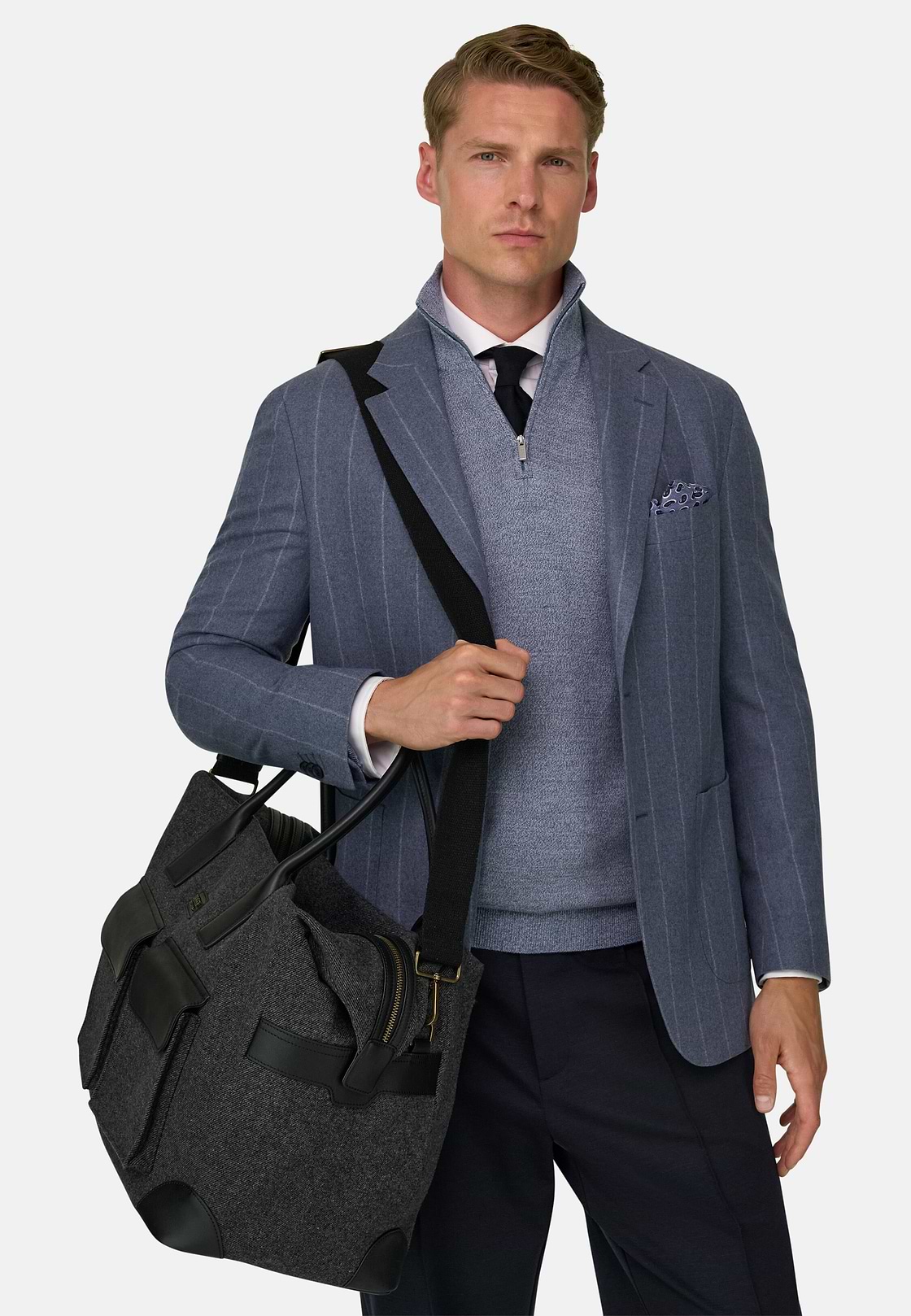 Duffle Bag in Leather and Wool Blend, Charcoal, hi-res, 2