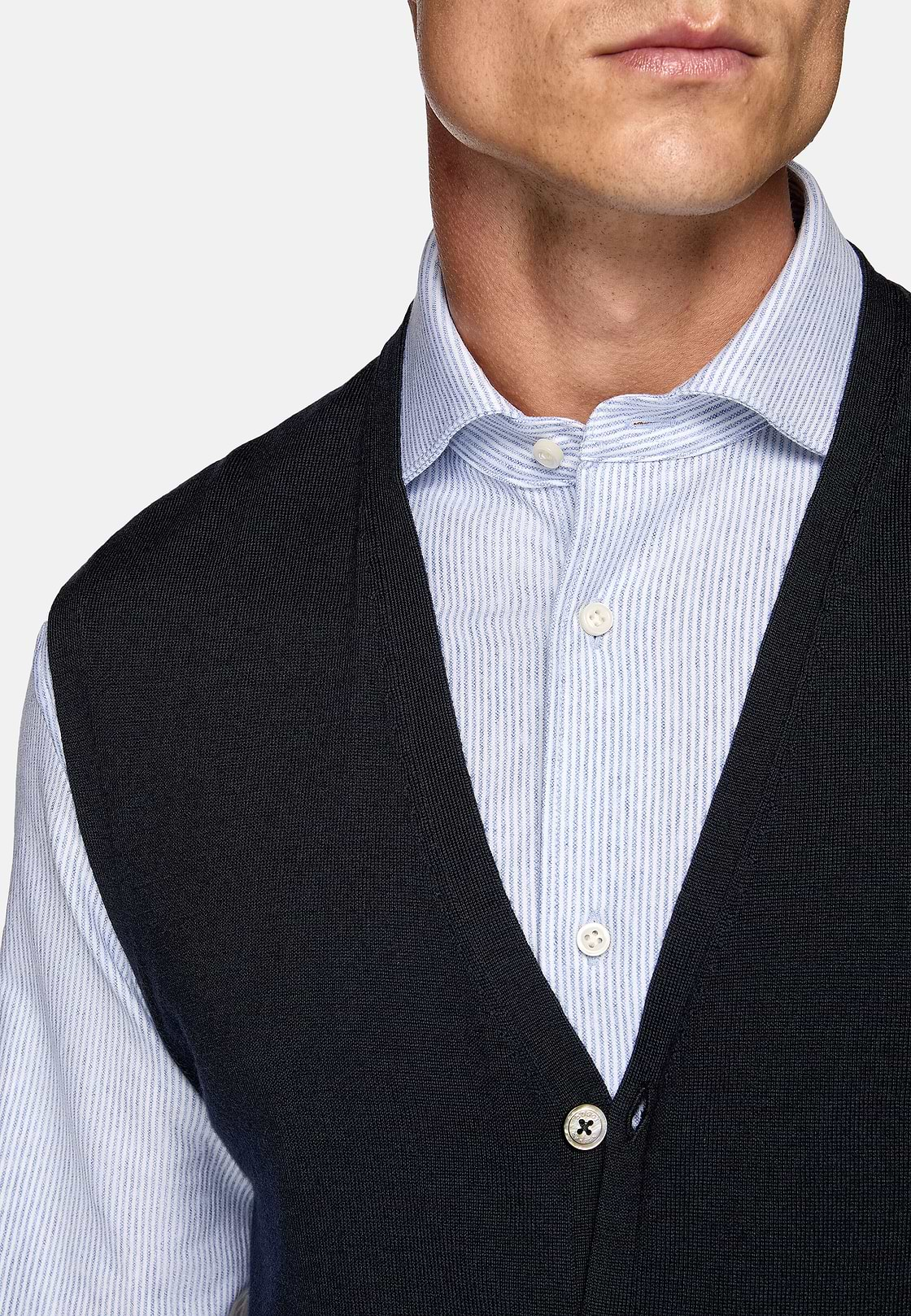 Navy Merino Wool Knitted Waistcoat, Navy blue, hi-res