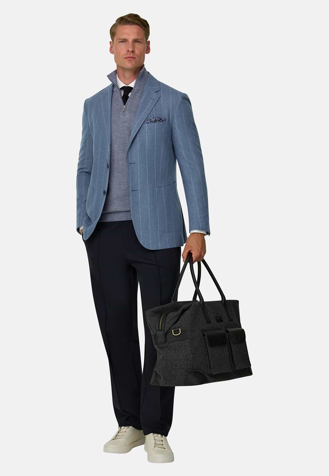 Blazer in Wool Silk Pinstripe, Light Blue, hi-res, 2