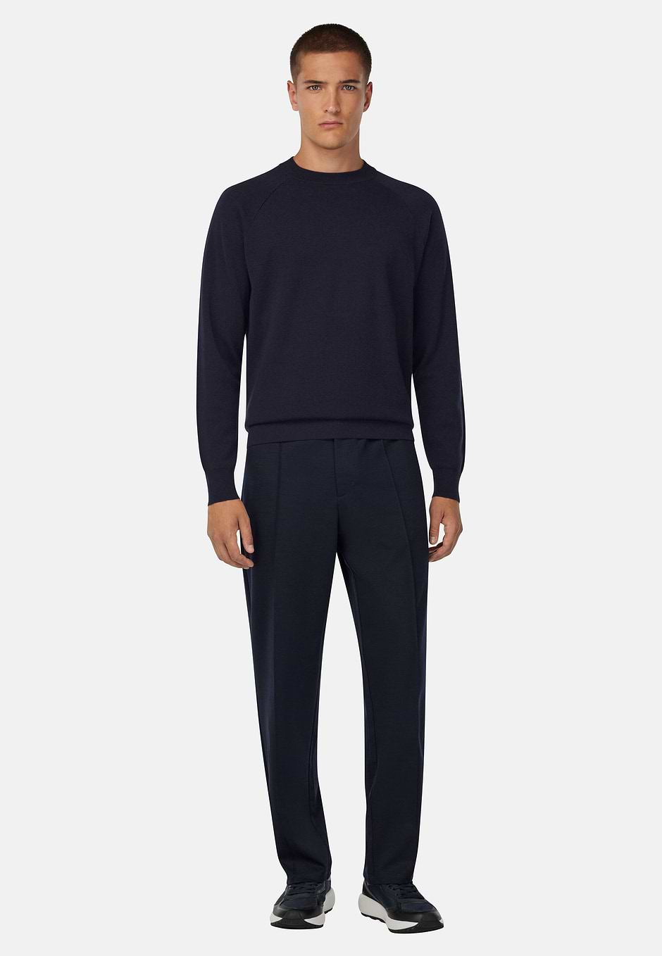 Crew Neck Jumper in Superfine Wool, Navy blue, hi-res