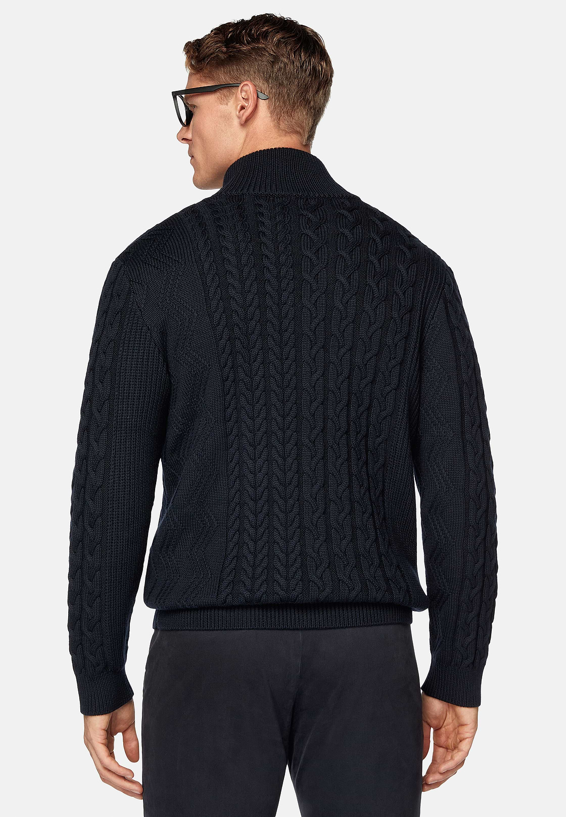 Navy Mixed Stitch Merino Wool Full Zip Jumper, Navy blue, hi-res