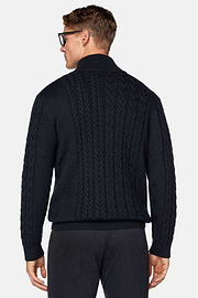 Navy Mixed Stitch Merino Wool Full Zip Jumper, Navy blue, hi-res