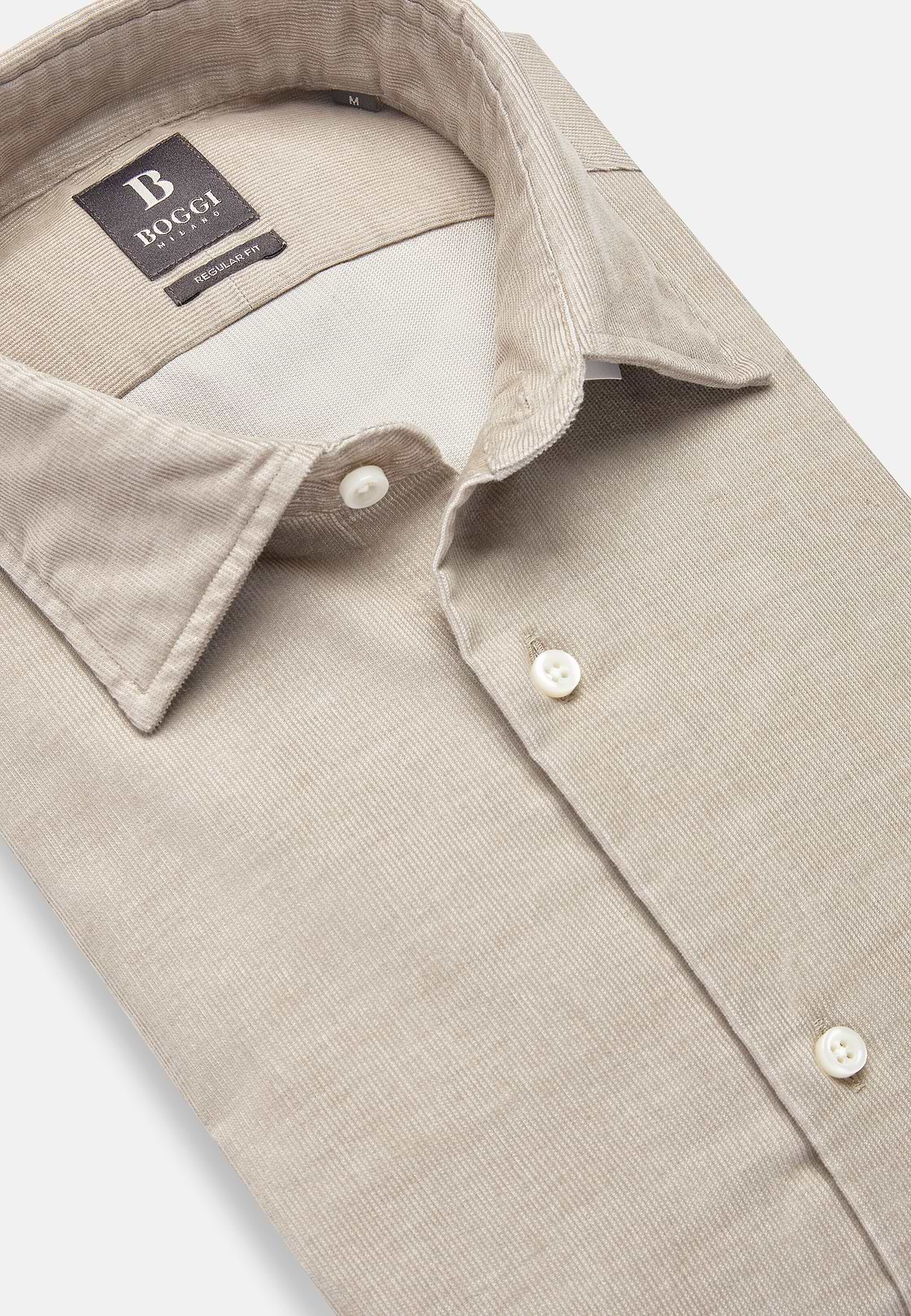 Camisa De Terciopelo De Algodón Regular Fit, Beige, hi-res