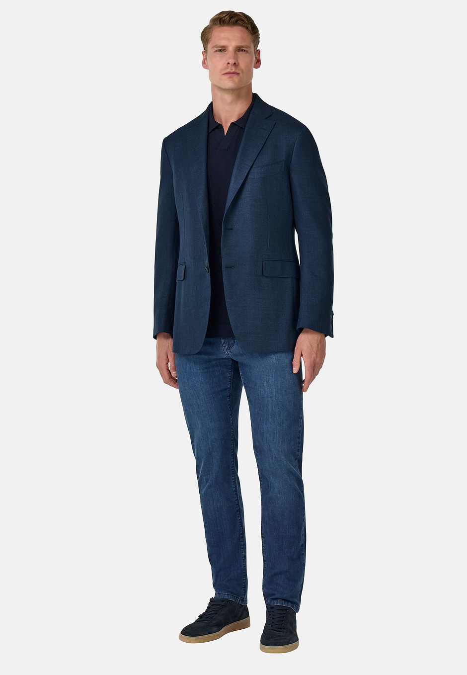 Veste En Laine Soie Et Lin, Bleu, hi-res