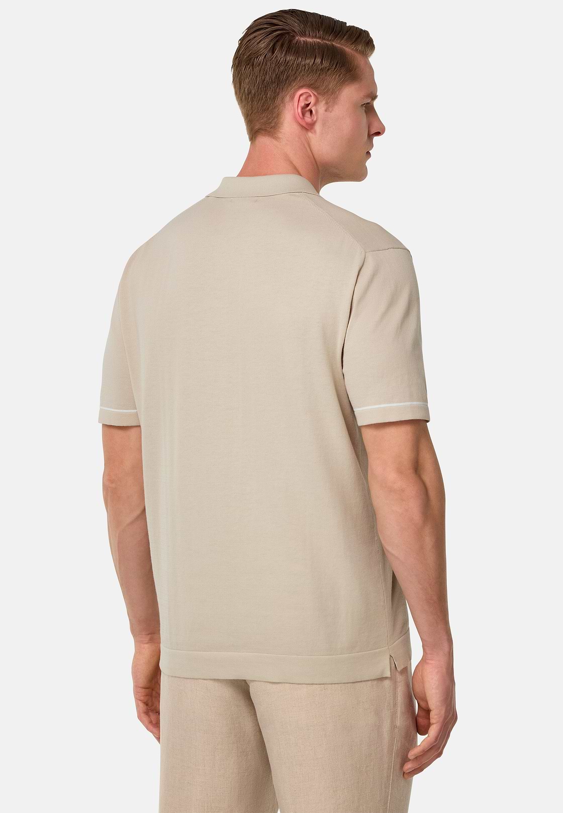 Cotton Crêpe Knit Polo Shirt, Sand, hi-res