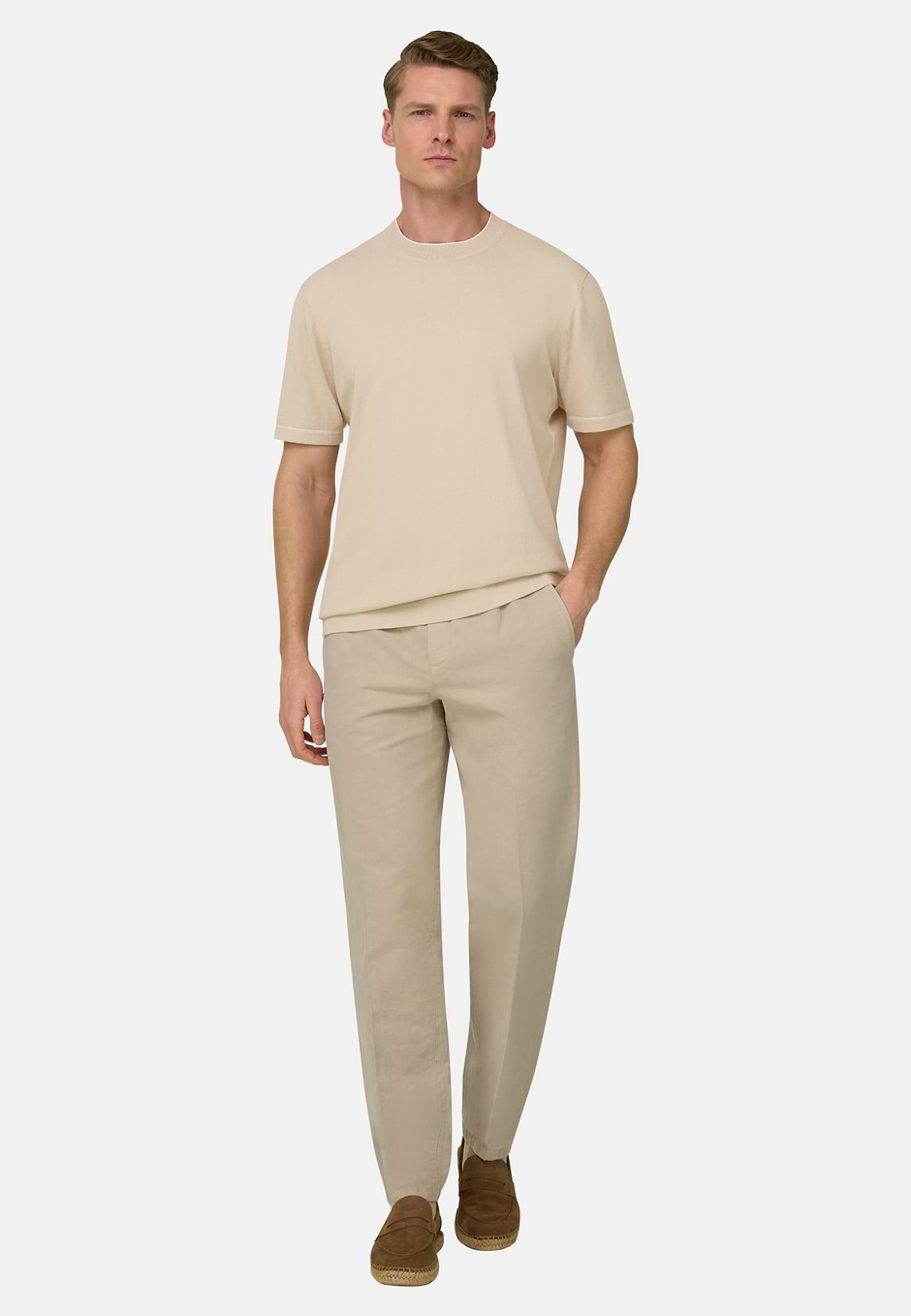 Strick-T-Shirt Aus Baumwollkrepp, Sand, hi-res