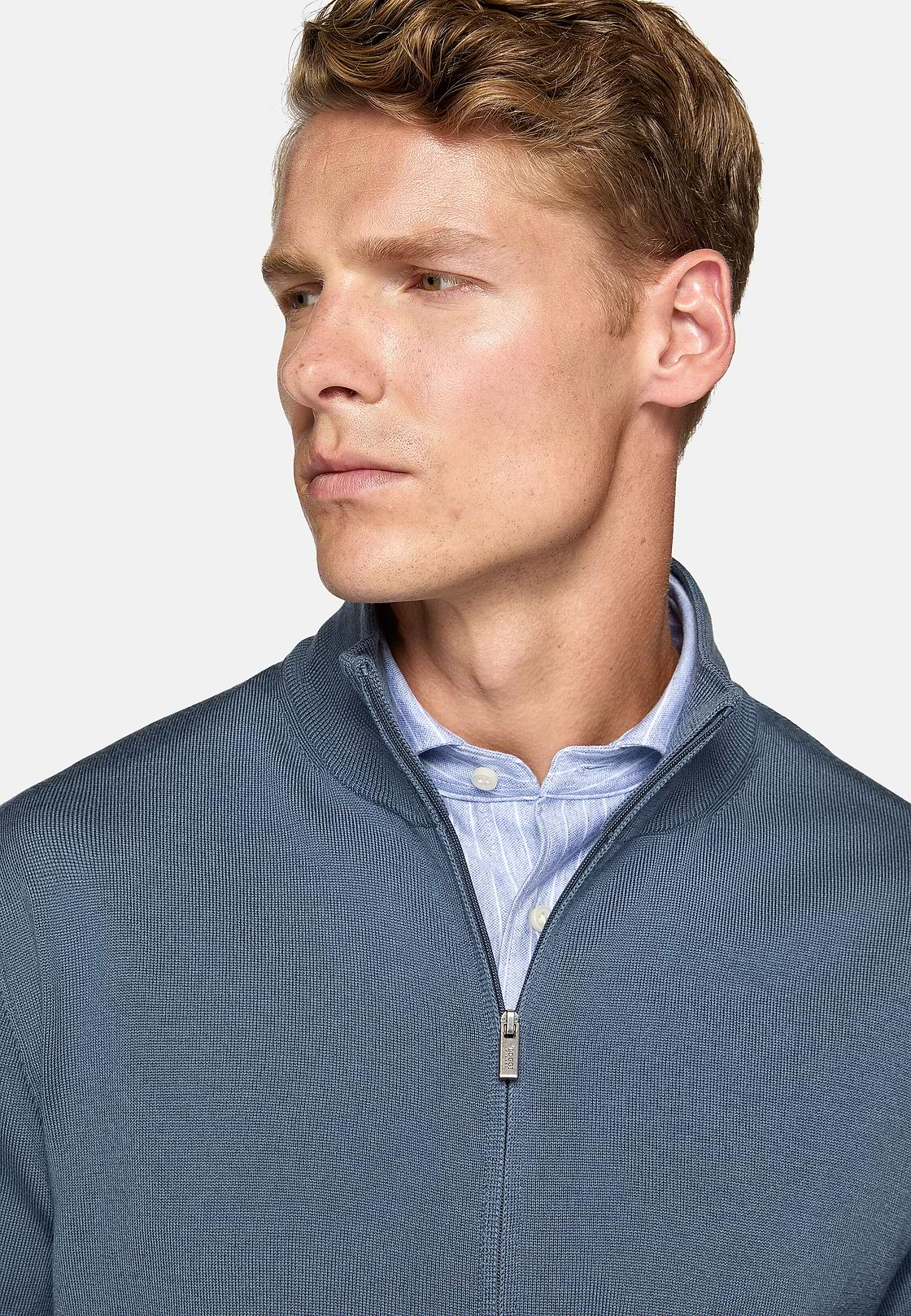 Indigo Merino Wool Half-Zip Jumper, Indigo, hi-res