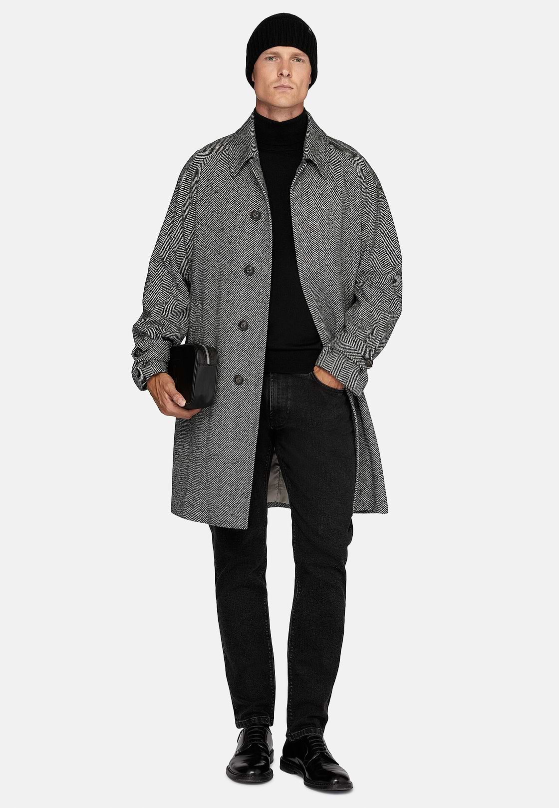 Single-breasted Wool Coat, Black - White, hi-res